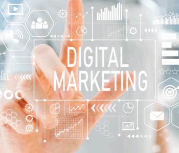 Power Digital Marketing concept with hand touching virtual interface showing analytics, graphs, and communication icons