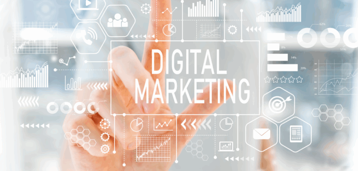 Power Digital Marketing concept with hand touching virtual interface showing analytics, graphs, and communication icons