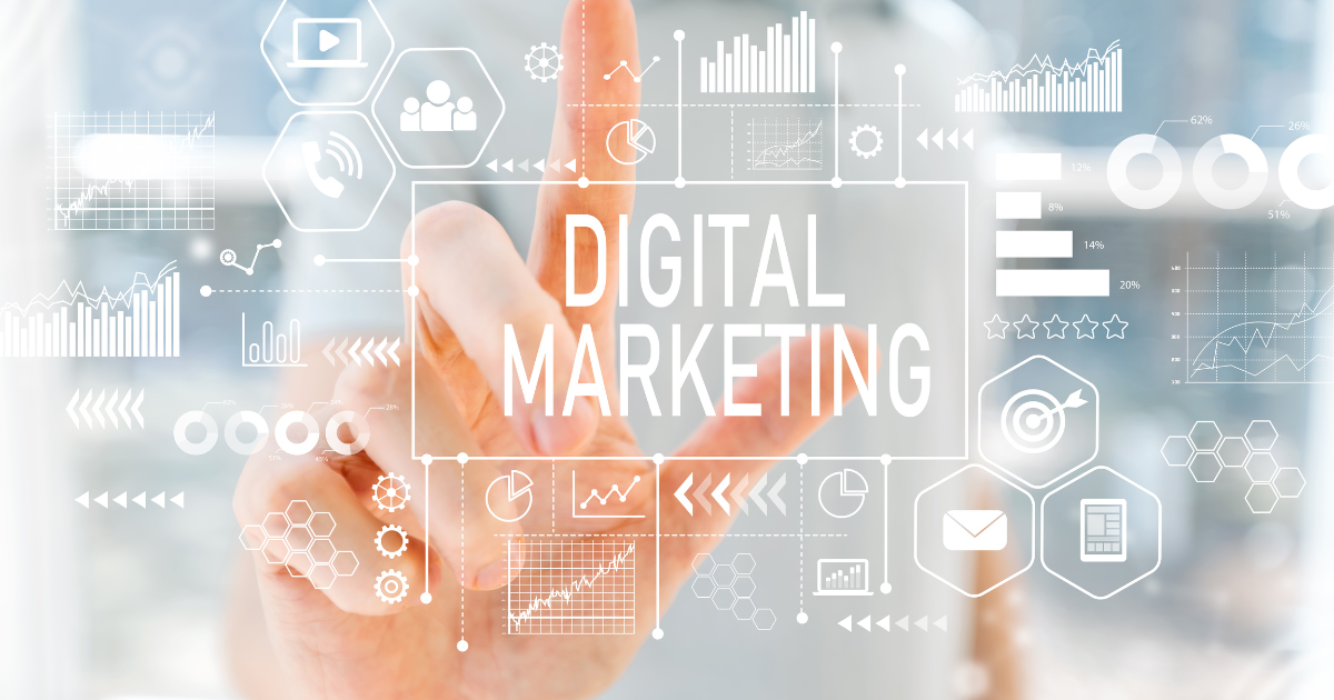 Power Digital Marketing concept with hand touching virtual interface showing analytics, graphs, and communication icons